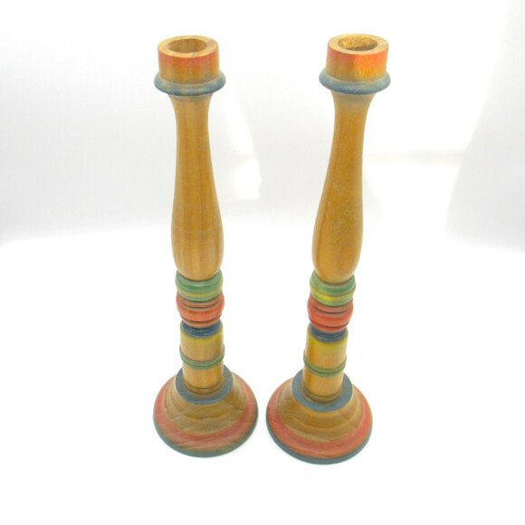 Vintage 80s Wooden Striped Hand-Turned Candle Holders Set Of 2 - Picture 2 of 9